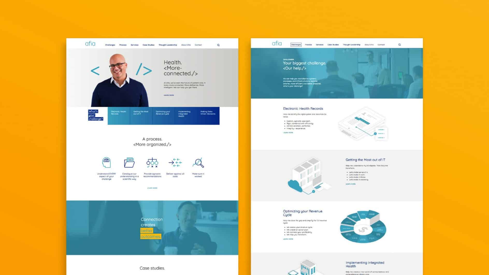 Website design layout on a vibrant orange background. Features include health-related text, icons, and graphics with a blue and white color scheme.
