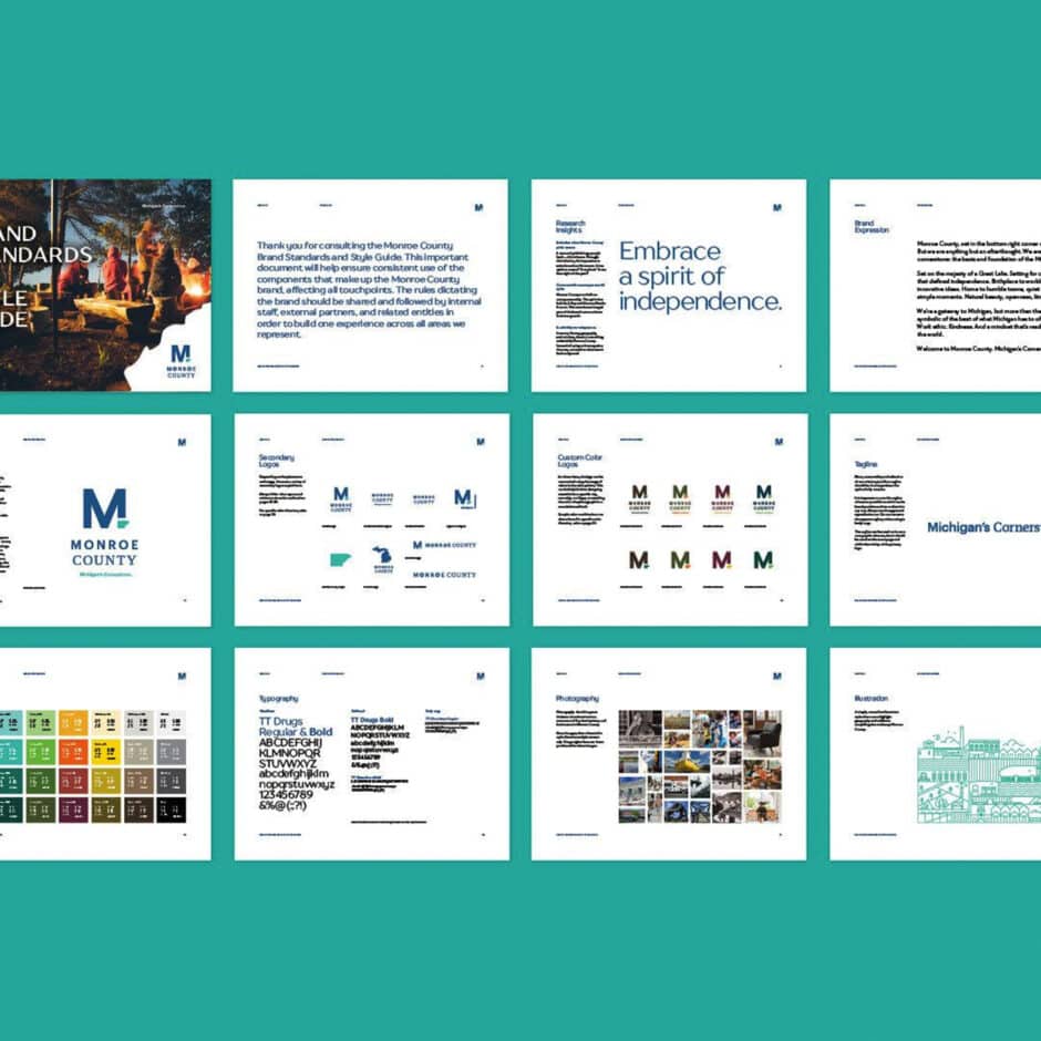 Grid of pages from a brand style guide on a teal background. Includes logo designs, typography, color palettes, and imagery, conveying a professional tone.