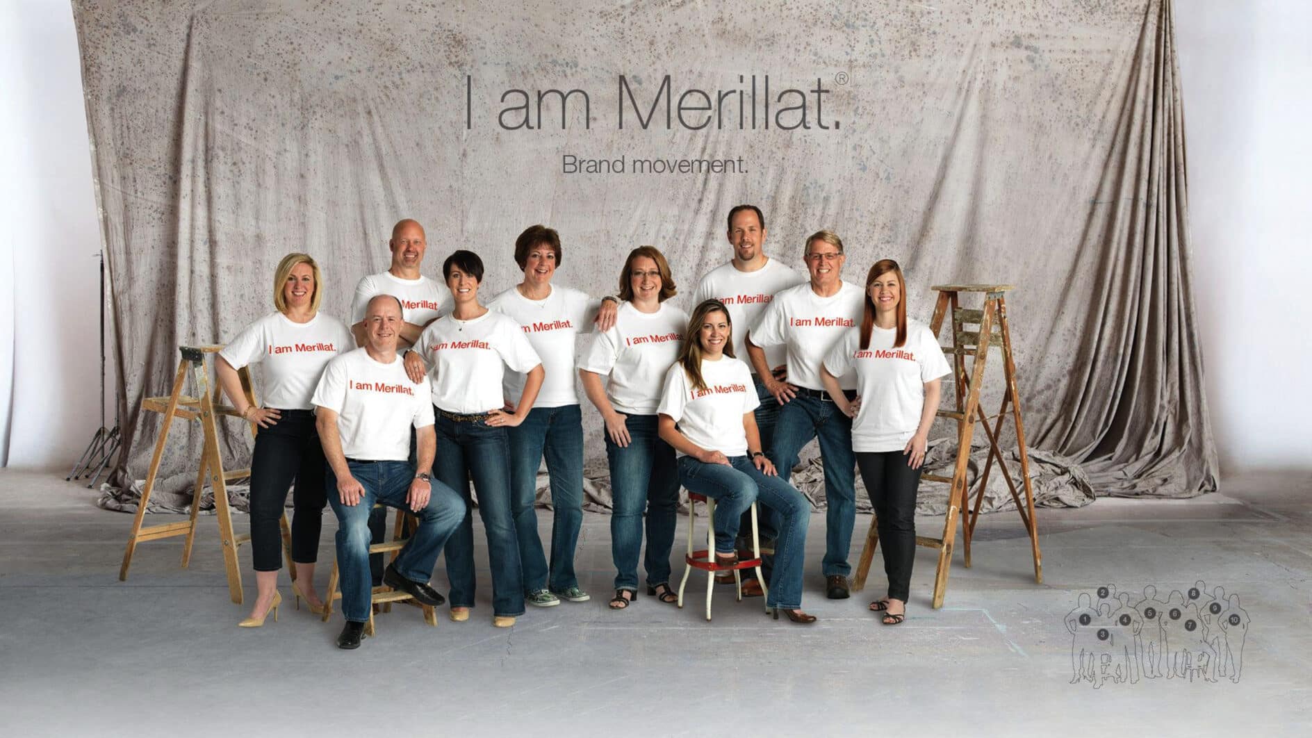 A group of ten people wearing "I am Merillat" shirts pose confidently against a gray backdrop, surrounded by wooden ladders, conveying teamwork and unity.