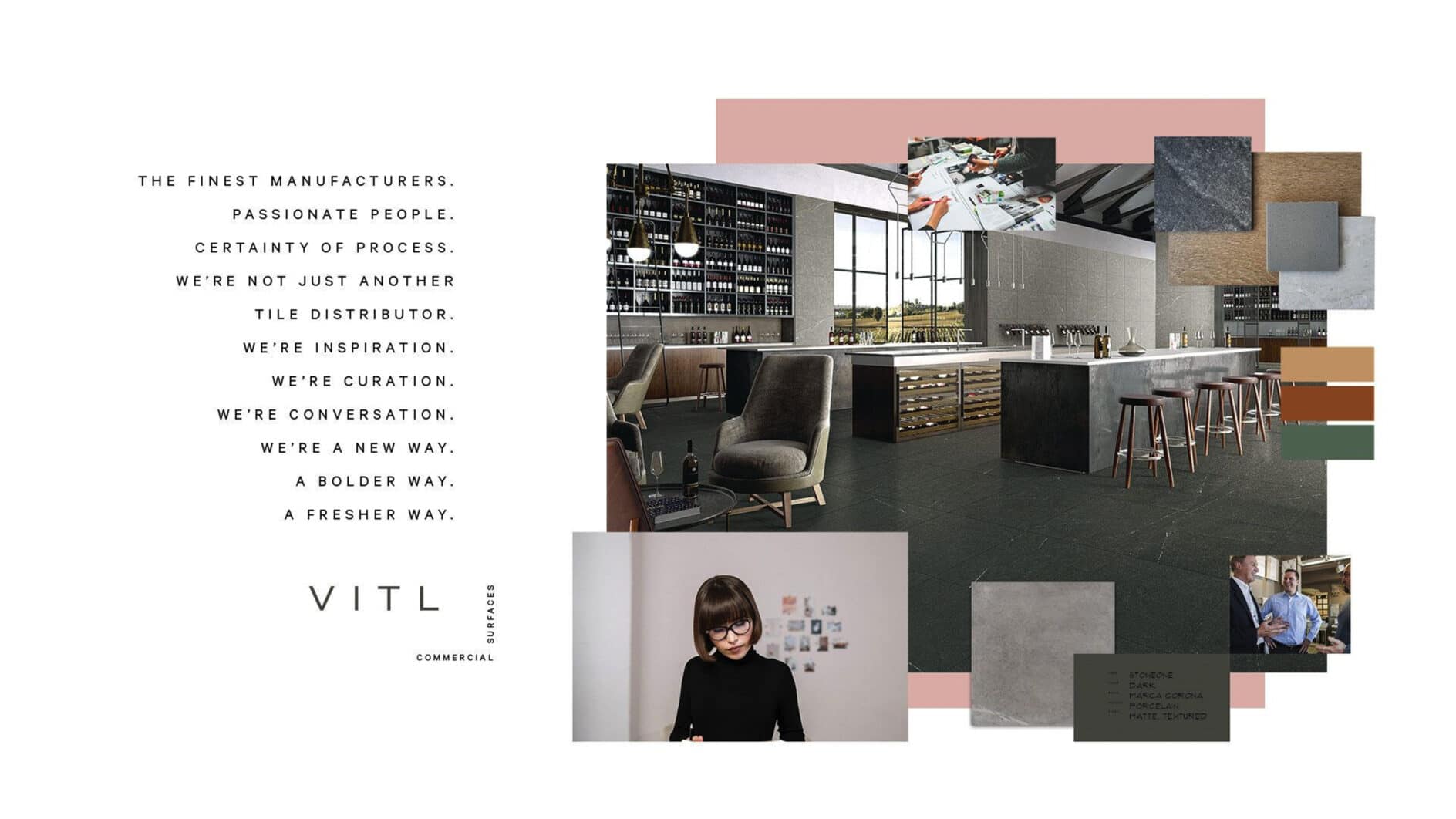 Modern commercial interior with sleek bar, stools, and materials. Nearby, a person smiles confidently. Text highlights inspiration and innovation.