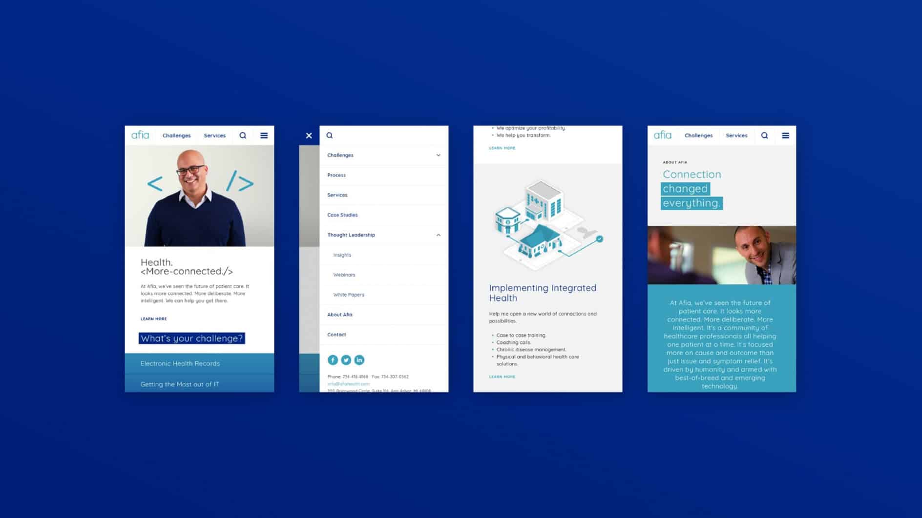 Mobile app interface with four screens on a blue background, featuring a smiling person's photo, navigation menu, and healthcare-focused text. Clean, professional design.