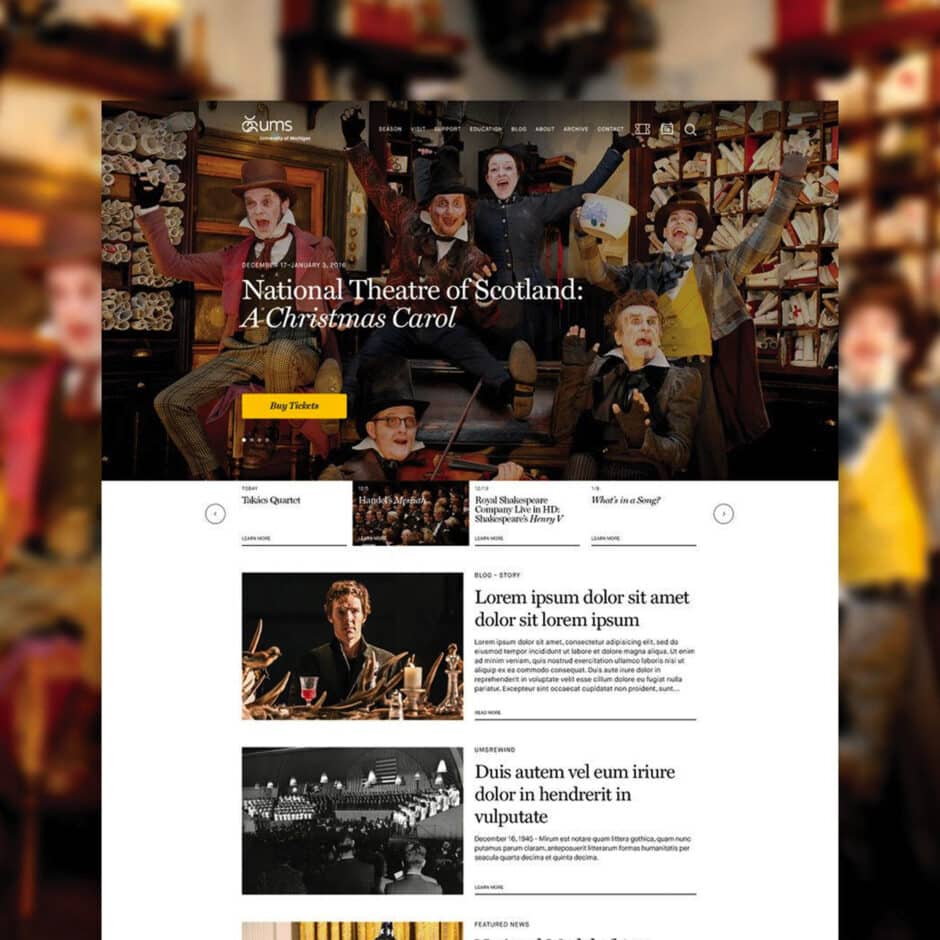 Homepage of a theater website featuring actors in Victorian costumes from "A Christmas Carol." The scene is lively and festive with event listings below.