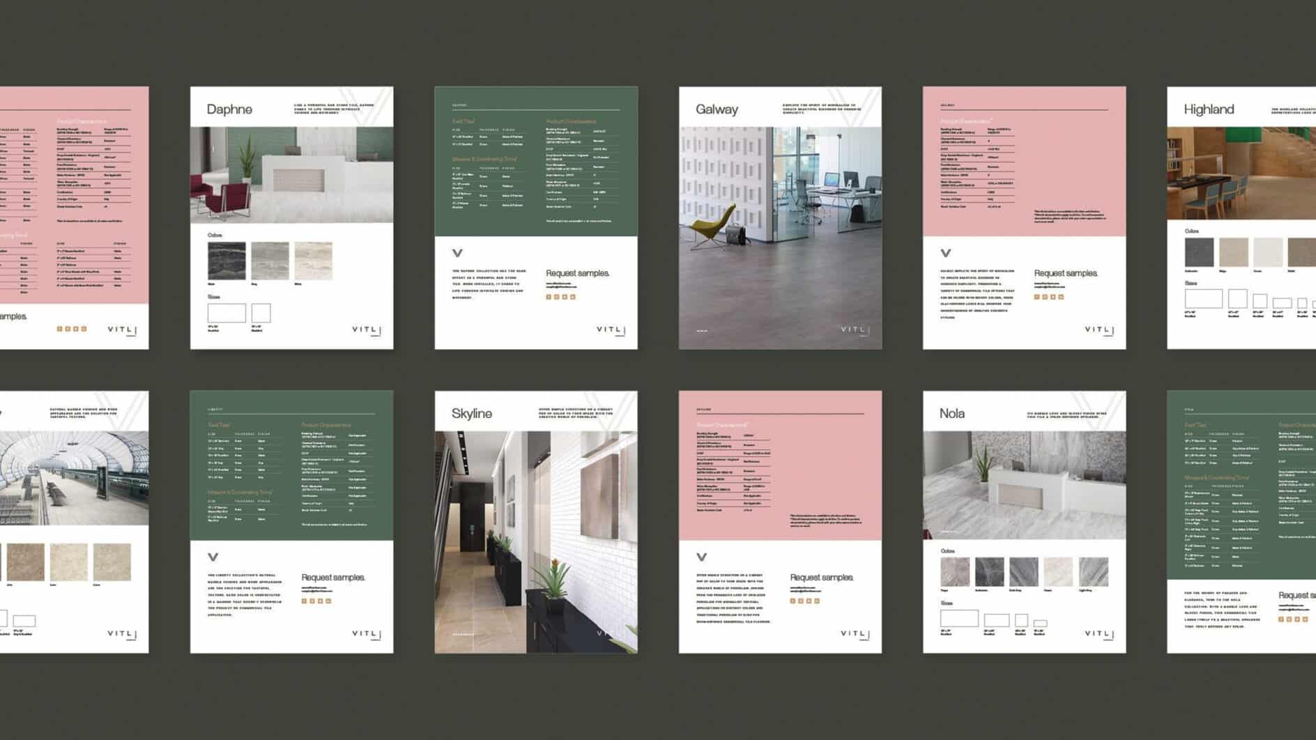 A grid of twelve interior design brochures featuring tiles. Each brochure displays tile samples, specifications, and room images with a modern aesthetic.