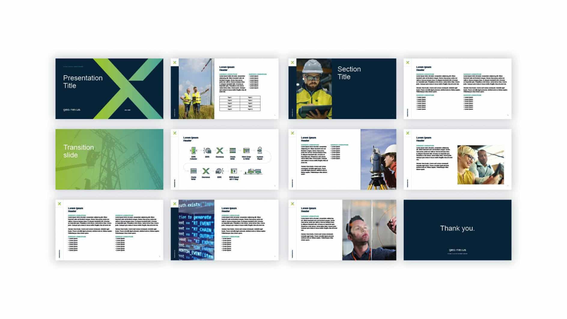 A presentation slide deck with 12 slides shown in a grid. Includes titles and images of engineers, a transition slide, graphs, and text sections. The tone is professional and technical.