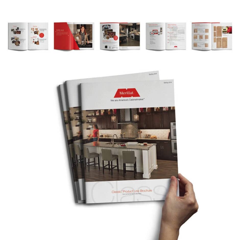 Two hands hold a catalog for Merillat cabinets, showcasing a modern kitchen on the cover. Smaller images of the catalog pages display various kitchen designs.