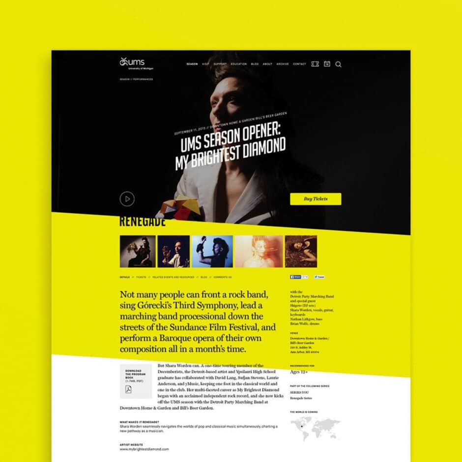A vibrant event webpage featuring a dramatic black and white portrait of a performer with bold text: "UMS Season Opener: My Brightest Diamond." The design includes bright yellow accents and smaller images of artists, conveying a dynamic, artistic tone.