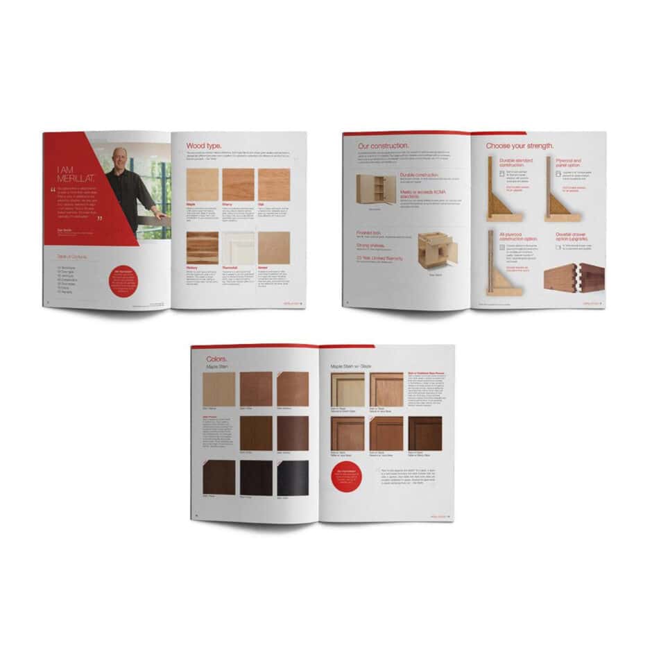 Open brochures display wood types, construction features, and color options. Text, images, and red accents highlight cabinetry details and design.