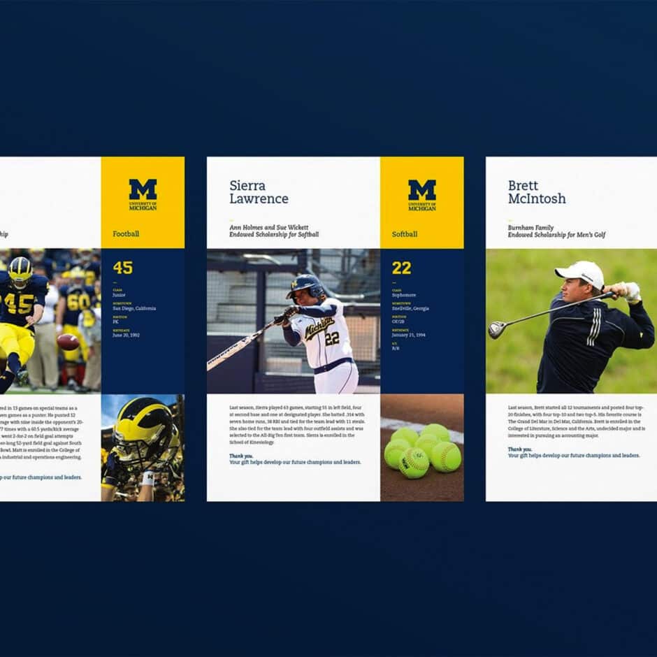 Image displays three sports scholarship posters for University of Michigan athletes: football, softball, and golf. Each poster features action shots, player stats, and university logos in blue and maize. The tone is proud and supportive, celebrating athletic achievements.