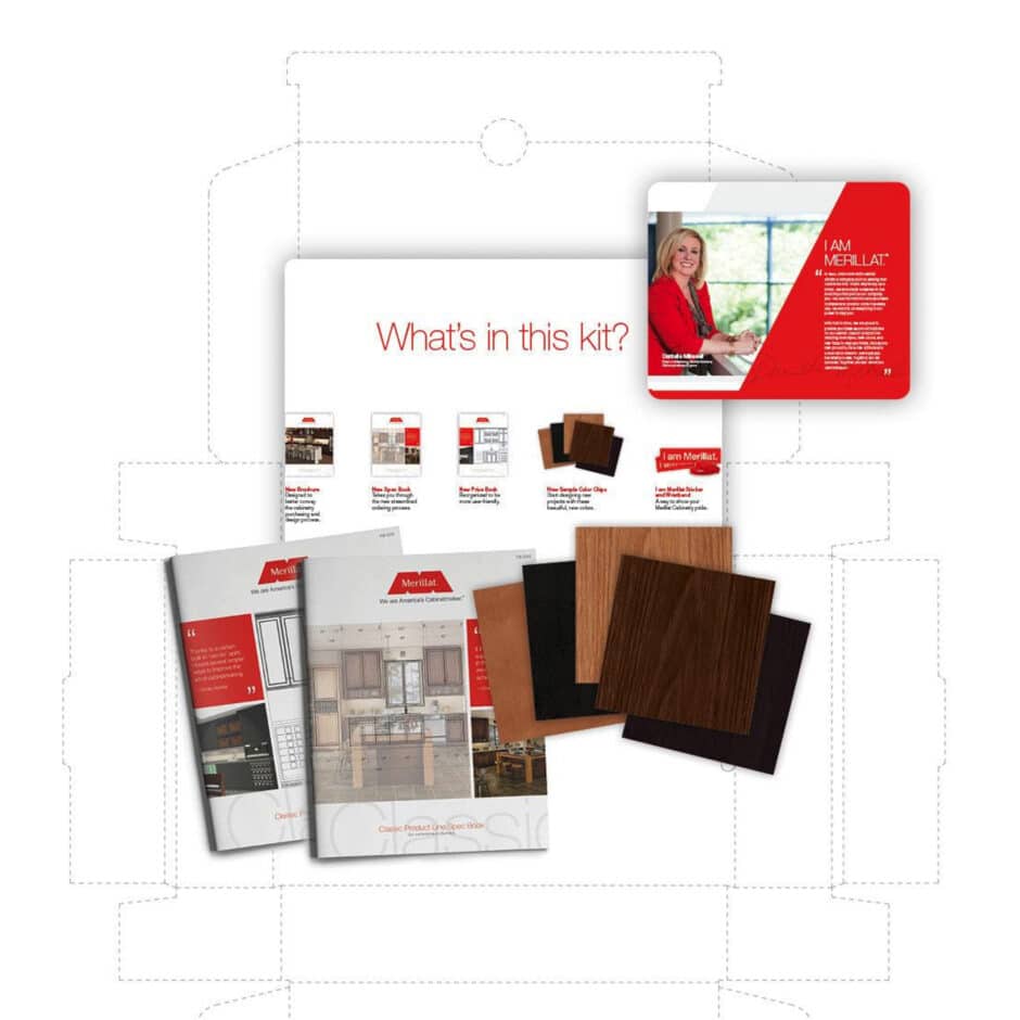 The image shows a design kit with wood samples, brochures, and a card. The card has a woman in red on it. The question “What’s in this kit?” is visible.