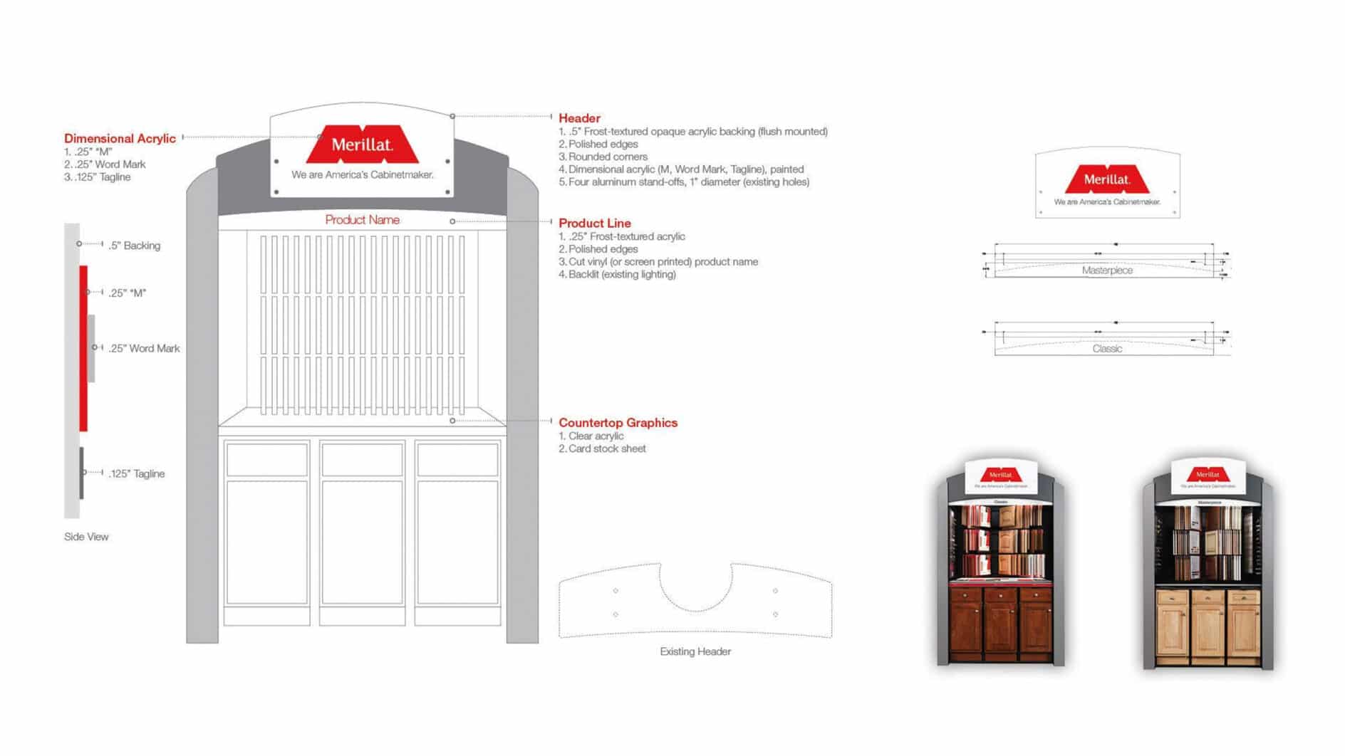 A display stand design with cabinets and a branded header labeled "Merillat." Includes dimensions, material notes, and two design variations with wood tones.