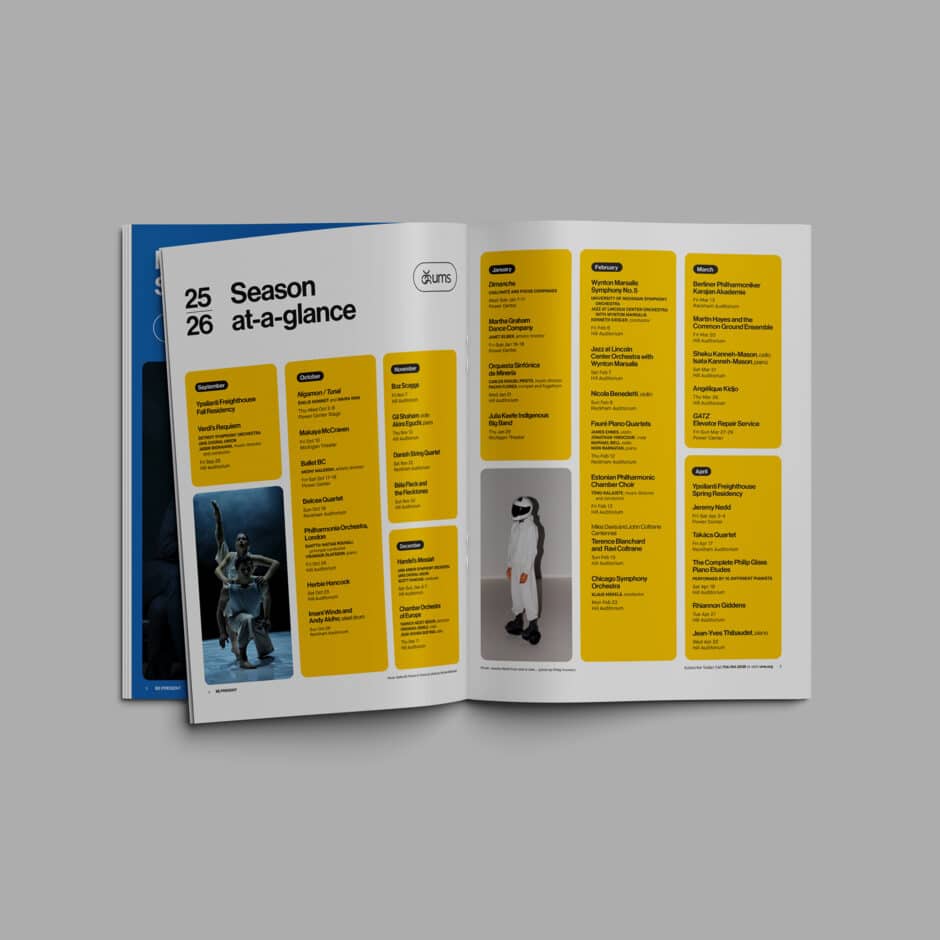 Open brochure showing a season schedule for 2025-2026. Text on white and yellow panels lists events. Images of a ballet performance and a person in white add interest.