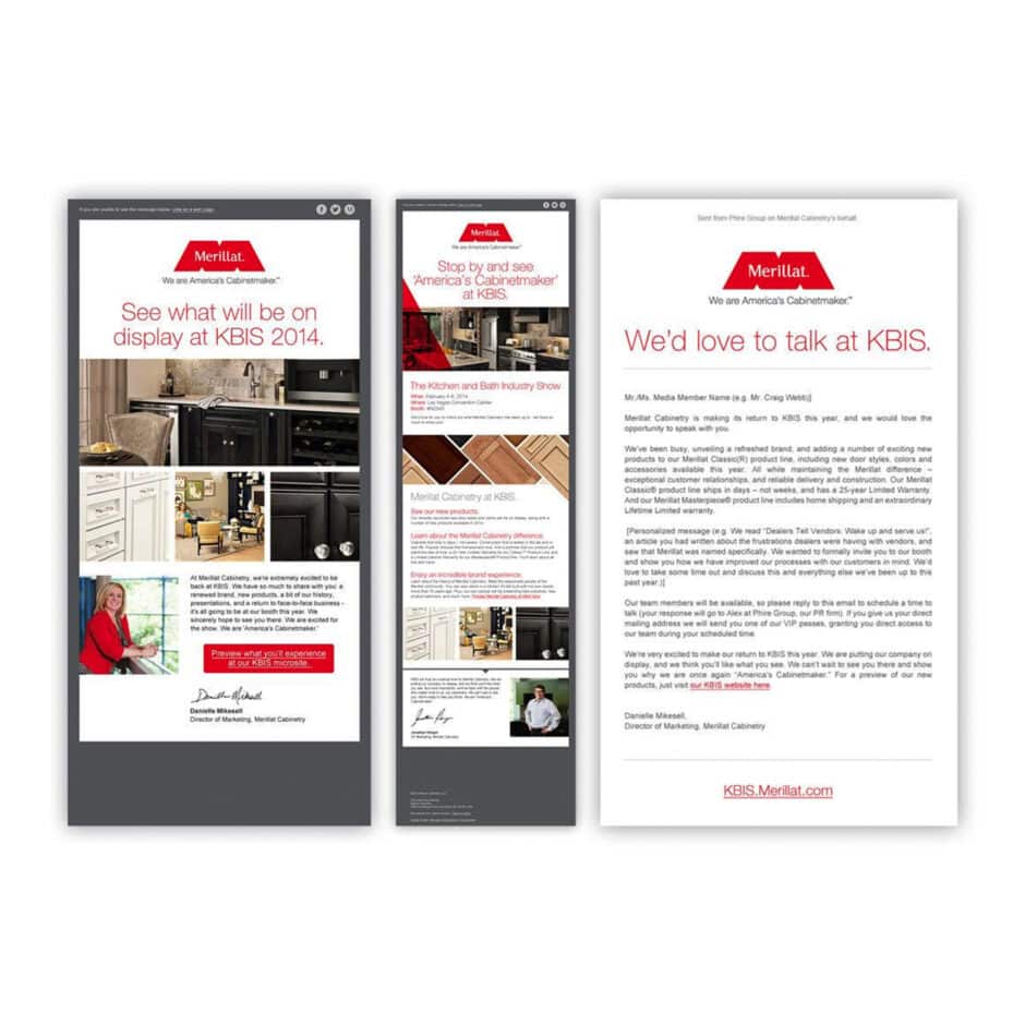 Promotional image of Merillat Cabinetry at KBIS 2014. It includes three text-filled brochures showcasing kitchen designs. Tone is professional and inviting.