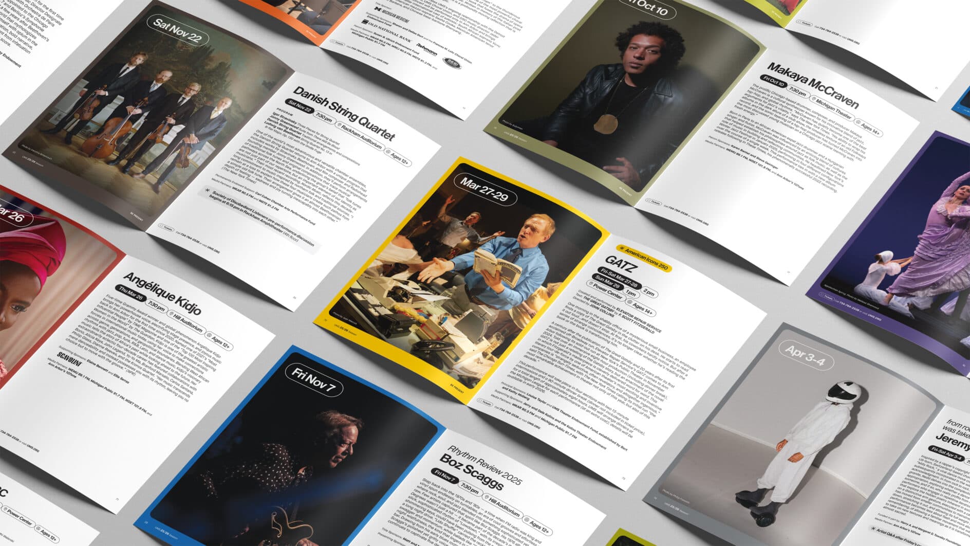 The image displays a collection of colorful event brochures arranged diagonally, featuring diverse performances and artists, creating a lively, artistic collage.