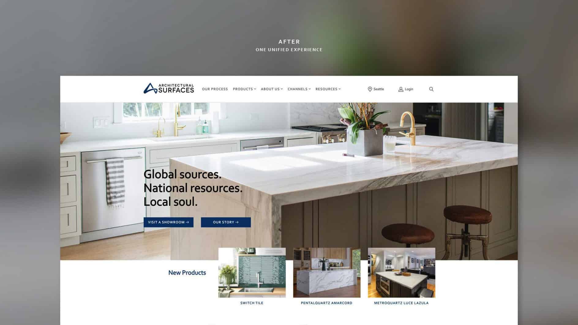 Website screenshot of a kitchen countertop with marble surface, surrounded by stools and a vase. Caption reads, "Global sources. National resources. Local soul."