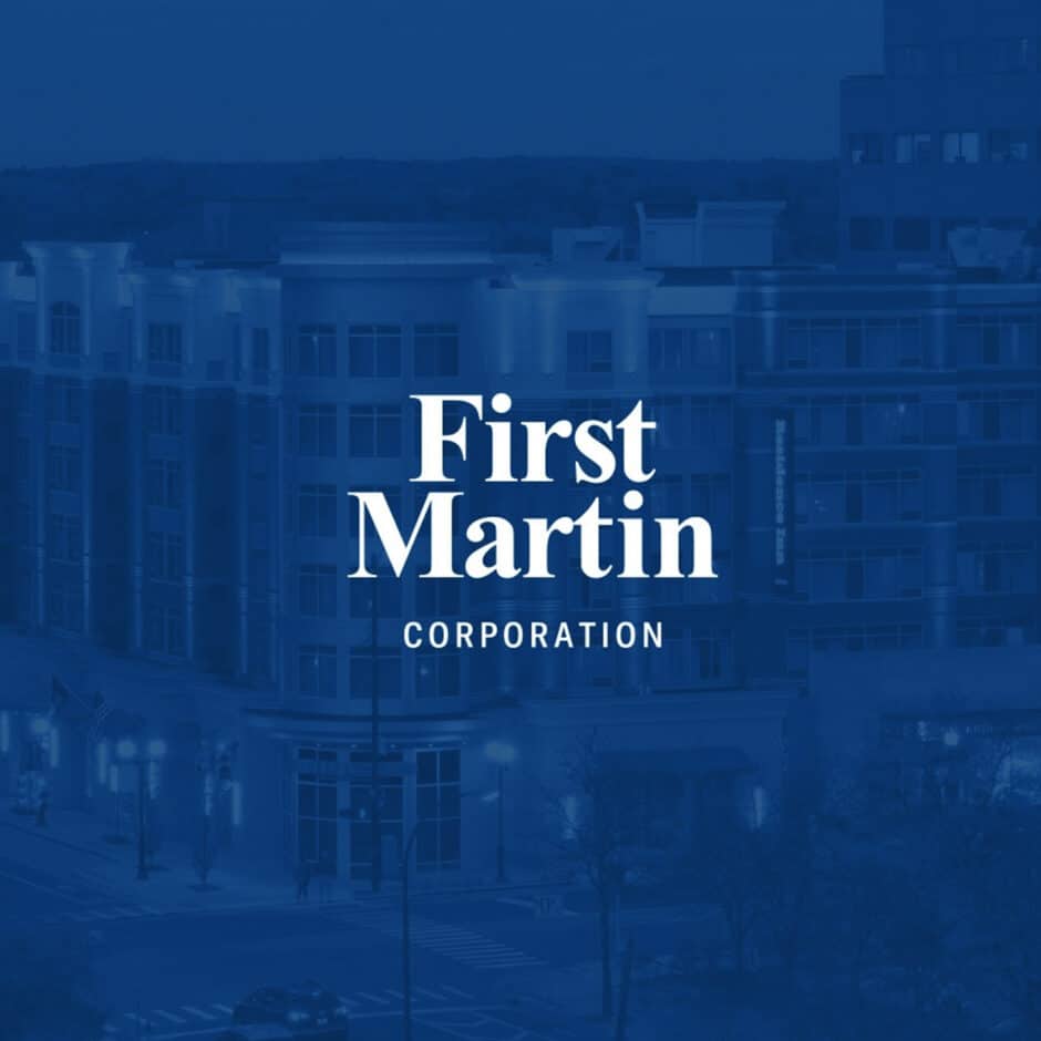 Blue-tinted image of an urban building with the text "First Martin Corporation" prominently overlaying the scene, conveying a corporate and modern tone.