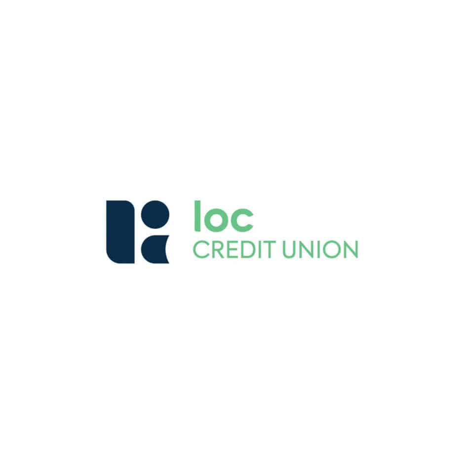 Logo of LOC Credit Union with a navy blue abstract shape on the left and "loc CREDIT UNION" in light green text on a white background.