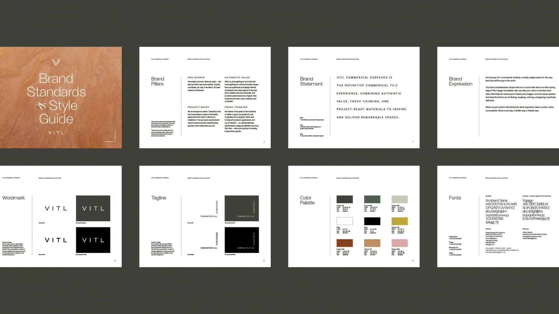 Image of a brand standards and style guide layout with eight pages. The pages include sections like "Brand Filters," "Brand Statement," "Wordmark," "Tagline," "Color Palette," and "Fonts." Each section features text blocks and design elements to convey a professional and cohesive branding strategy. The tone is formal and informative.