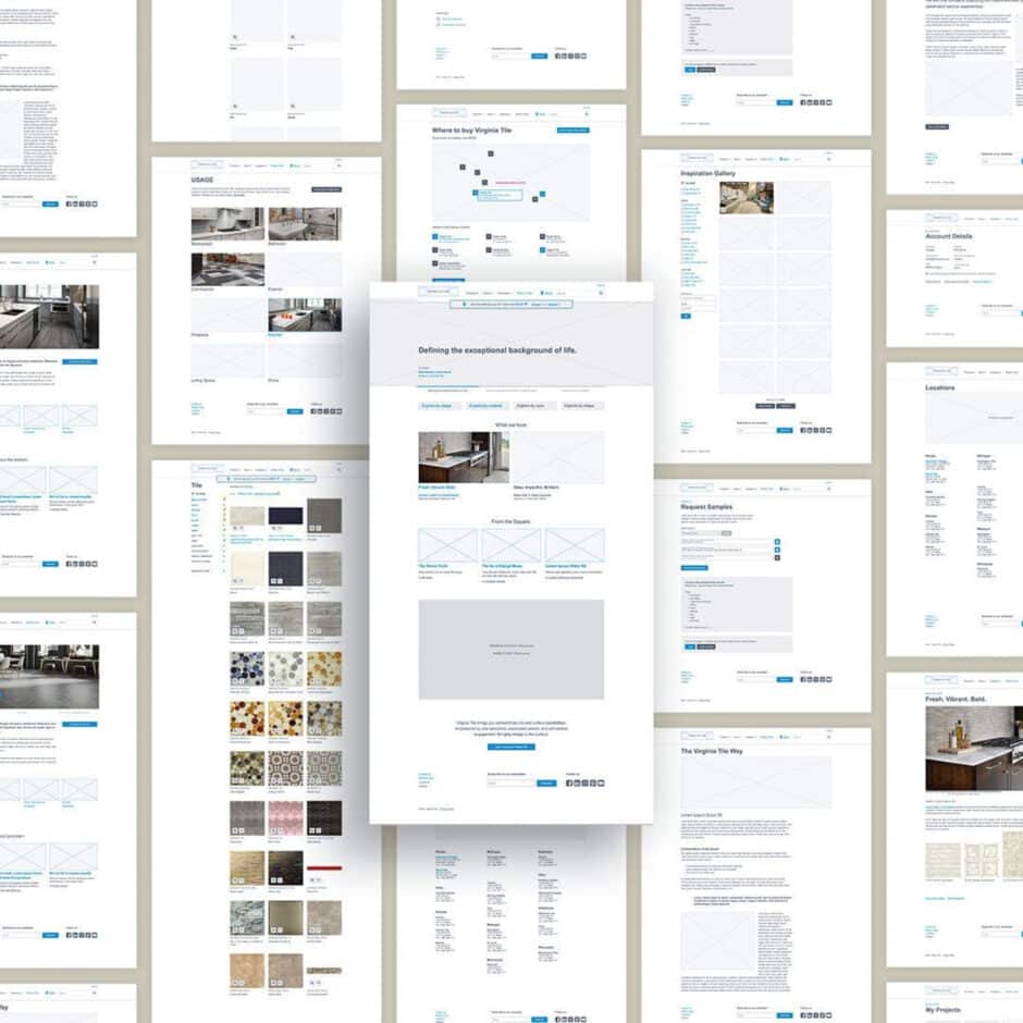 Multiple website wireframes are displayed, featuring layouts with text boxes, image placeholders, and navigation menus, conveying a clean, organized design.