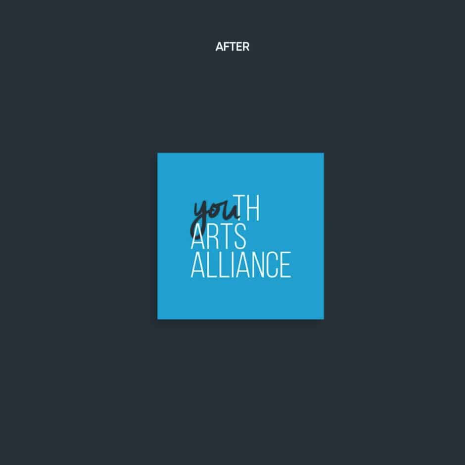 A teal square on a dark gray background features the text "Youth Arts Alliance" in white and black fonts. The mood is modern and vibrant.