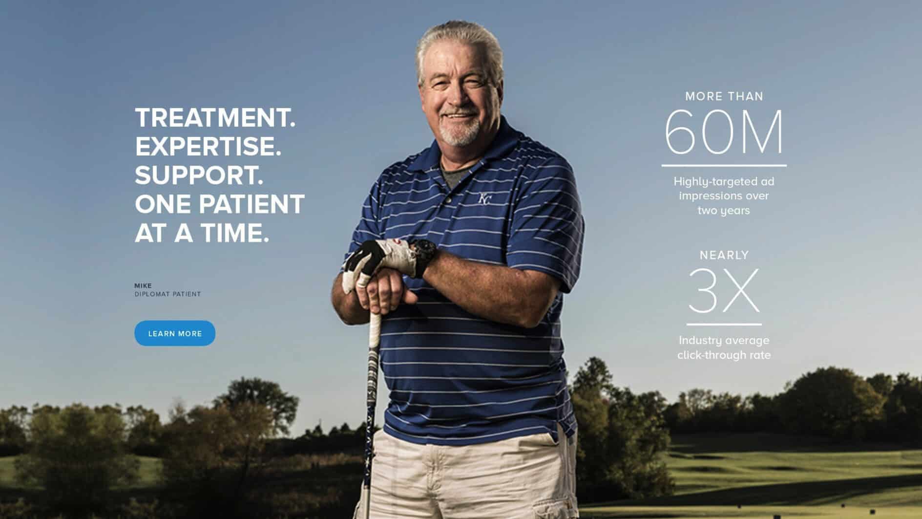 Man in a striped polo holds a golf club on a golf course, smiling confidently. Text highlights patient care, ad impressions, and click-through rates.