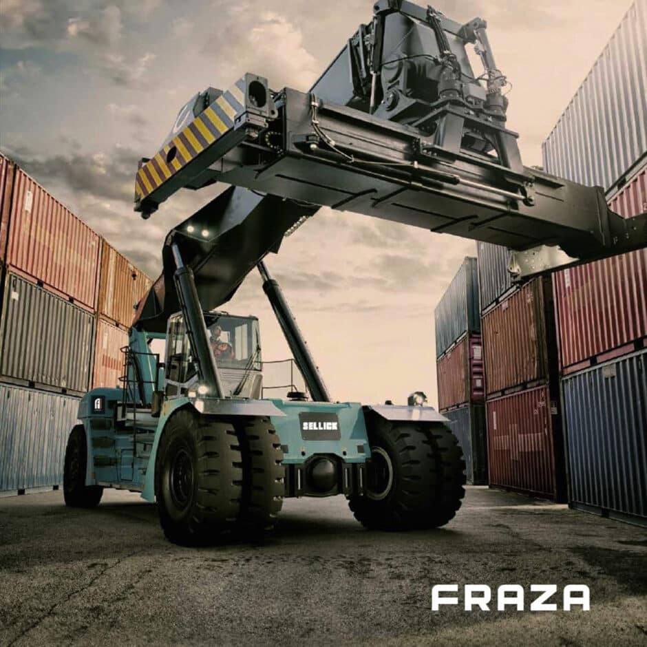 A large forklift labeled "Sellick" lifts a shipping container among stacked containers under a cloudy sky, conveying industrial strength and functionality.