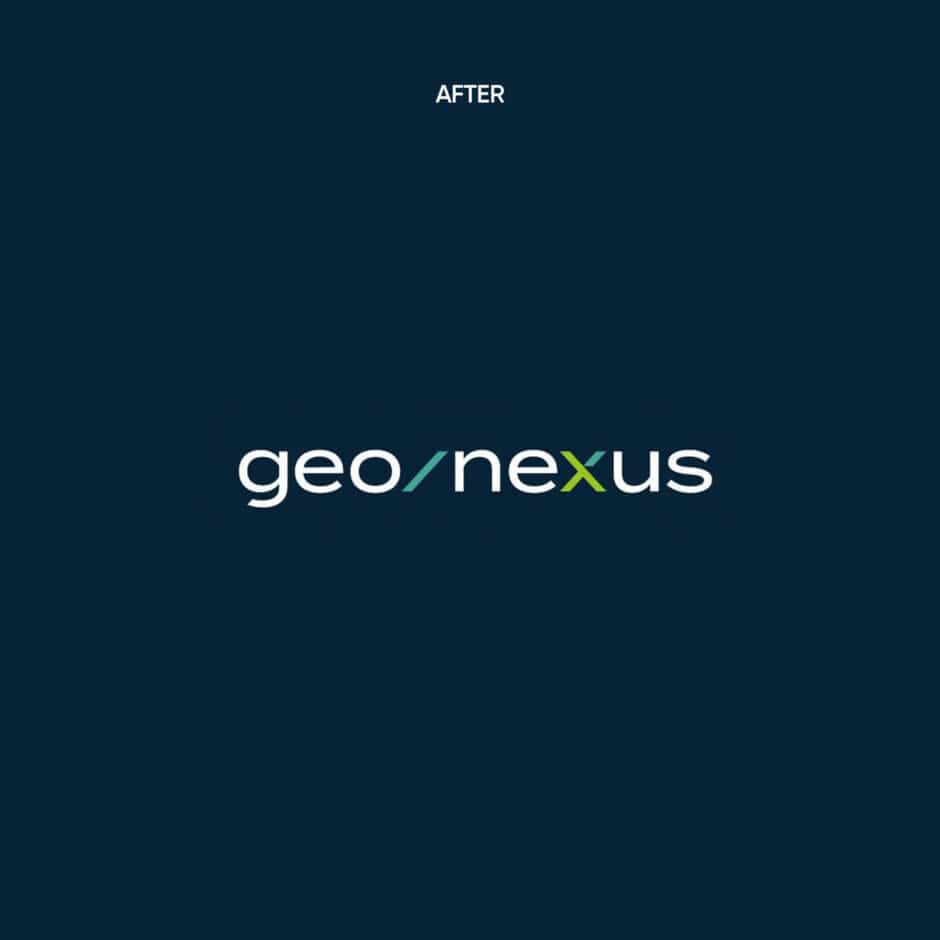 Dark blue background with the word "geo/nexus" in lowercase. "Geo" is white, a green slash divides the text, and "nexus" is white and green. "After" is at the top.