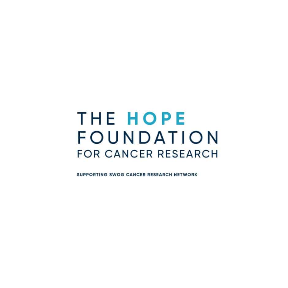 Logo of "The Hope Foundation for Cancer Research" with "HOPE" highlighted in blue. Text below reads "Supporting SWOG Cancer Research Network." Minimalistic design.