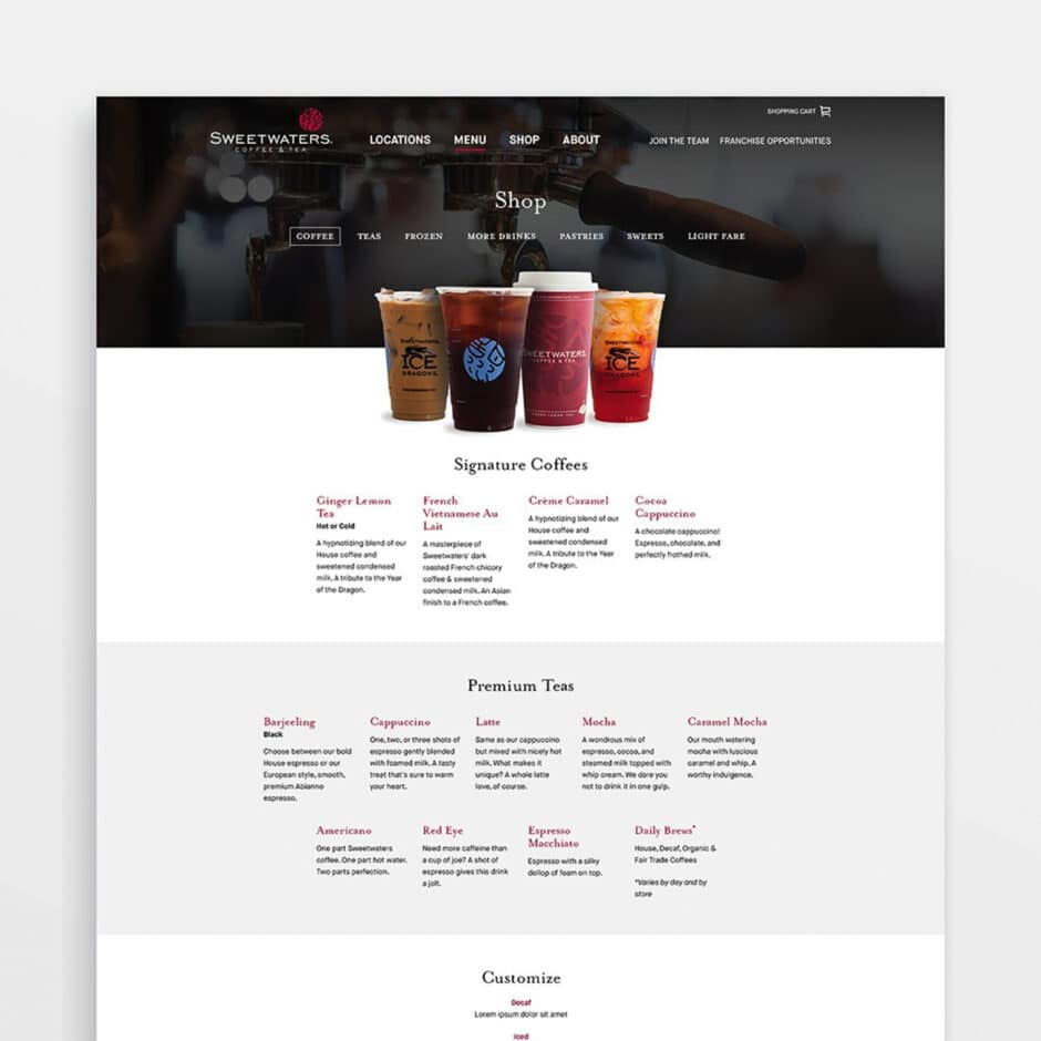 Sweetwaters Coffee & Tea webpage displaying a dark banner section with the logo and menu options. Below are images of four iced coffee drinks labeled as 'Signature Coffees.' Descriptions of these drinks and a list of 'Premium Teas' with brief descriptions are presented in a clean, organized layout against a white background, conveying a modern and inviting tone.