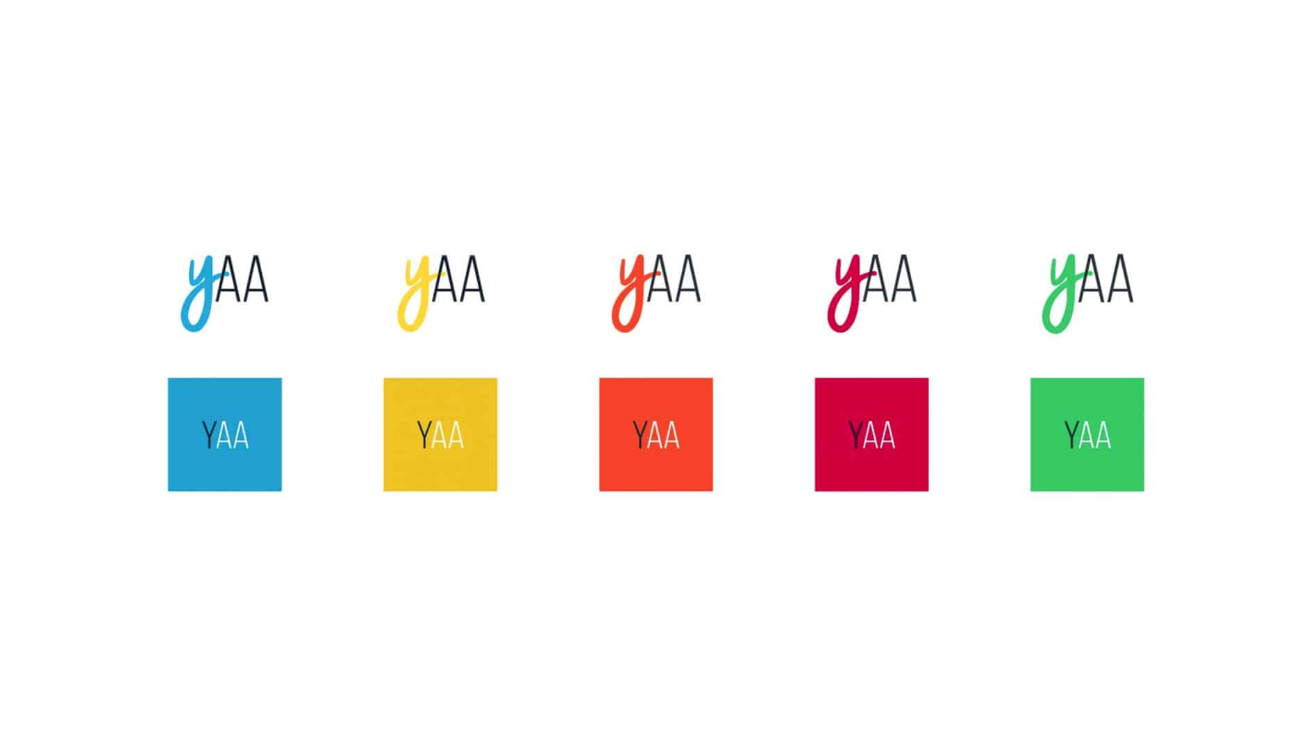 Five colorful logos spell "YAA" in different styles. Each "Y" is distinct in color: blue, yellow, orange, pink, and green, matching squares below.
