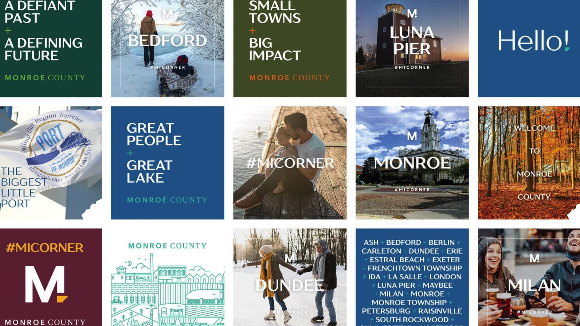 A grid of square images promoting Monroe County. Each square features text like “A Defiant Past,” “Small Towns + Big Impact,” and various town names with diverse visuals such as people, landscapes, and landmarks. The overall tone is welcoming and community-focused.