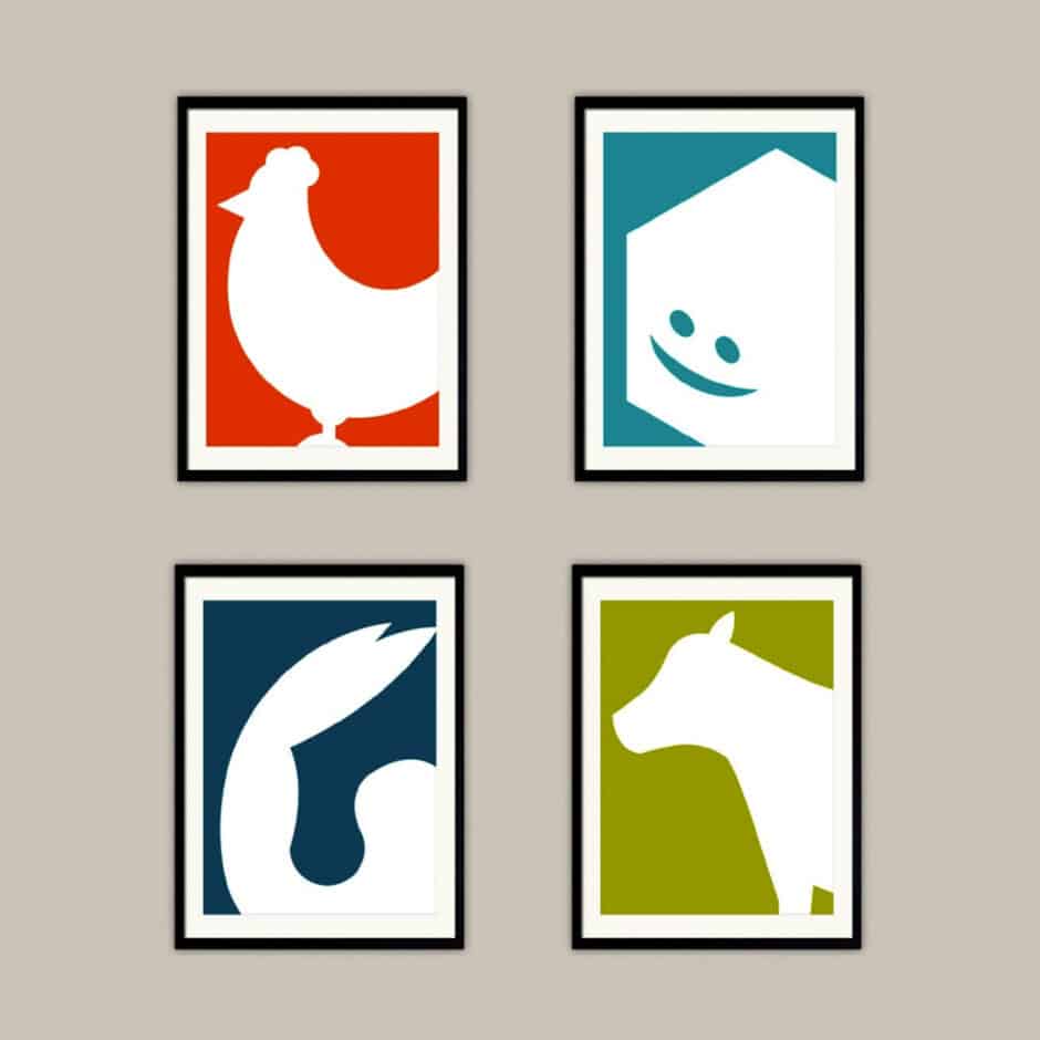 Four framed minimalist animal silhouettes against colored backgrounds: a chicken on orange, a house with a face on teal, a prawn on blue, and a cow on green.