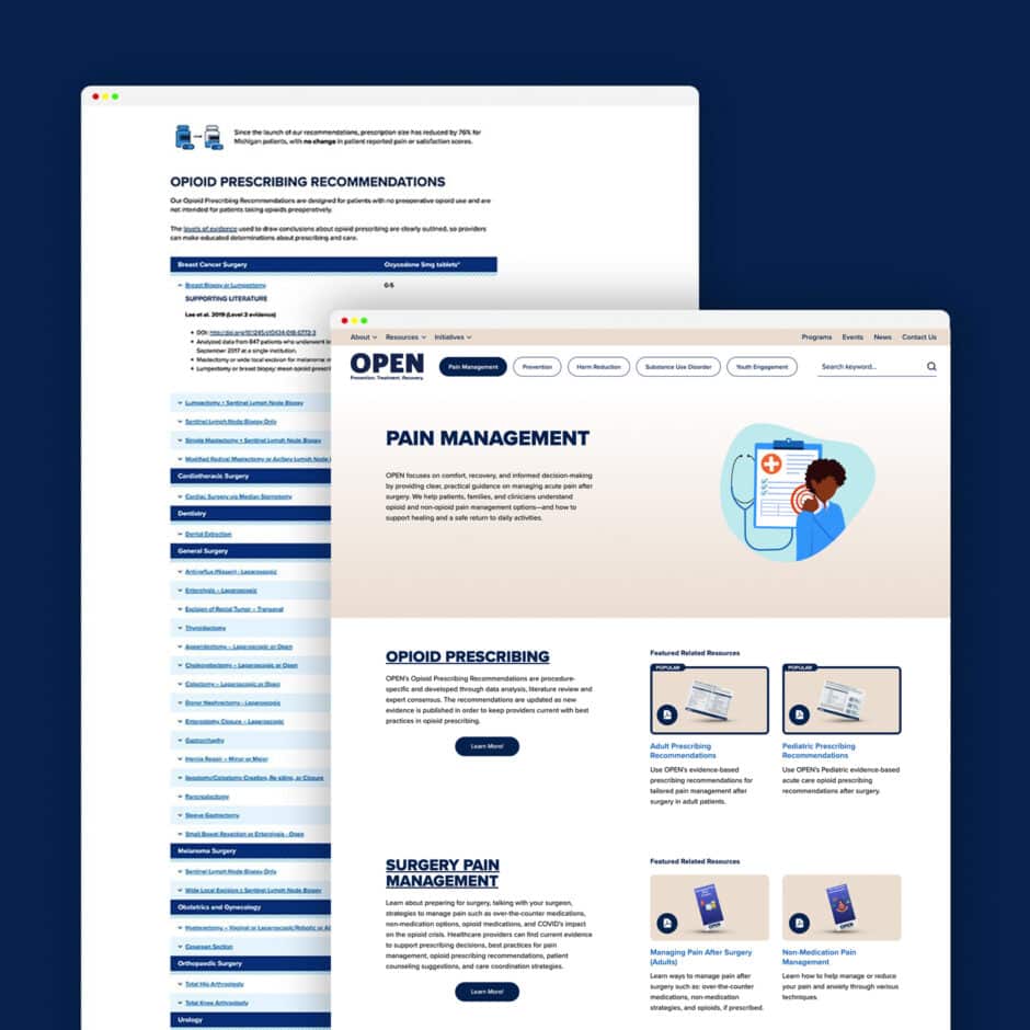 Two web pages on pain management and opioid prescribing recommendations. The design is clean with blue accents, featuring text and illustrated graphics. Tone is informative.