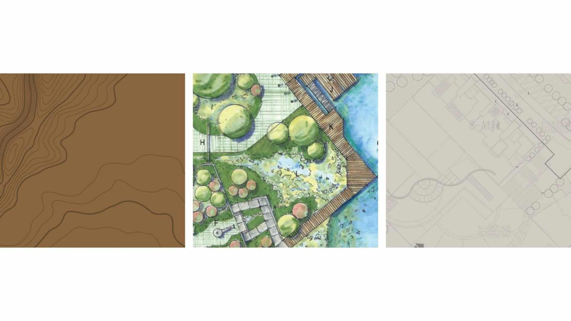 Three-part illustration: left shows brown contour lines, center depicts a colorful aerial map with greenery and water, right has a light grey architectural blueprint.