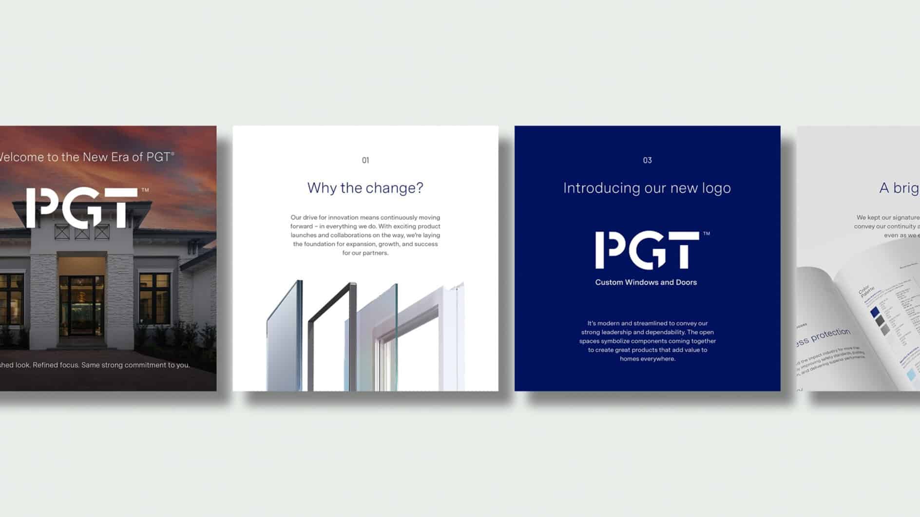 A series of four digital slides. The first shows a building with the text 'Welcome to the New Era of PGT' and a logo. The second slide asks 'Why the change?' with images of windows. The third slide introduces a new PGT logo on a dark blue background. The fourth displays an open brochure with text about a brighter future.