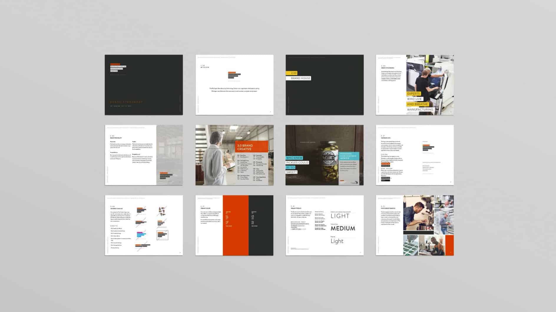 A grid layout of 12 pages from a brochure on a grey background. Pages feature text, photos of people working, and product images in an industrial setting.