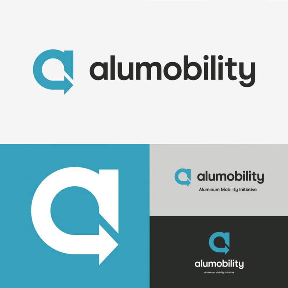 Logo collage for "alumobility" features a stylized letter 'a' with an arrow in teal, symbolizing forward movement. Text reads "Aluminum Mobility Initiative."