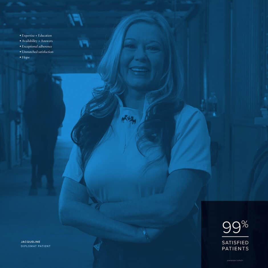 A woman stands confidently in a hallway with horse stalls. Text highlights satisfaction and expertise, mood is hopeful. Overlaid text reads, "99% satisfied patients."