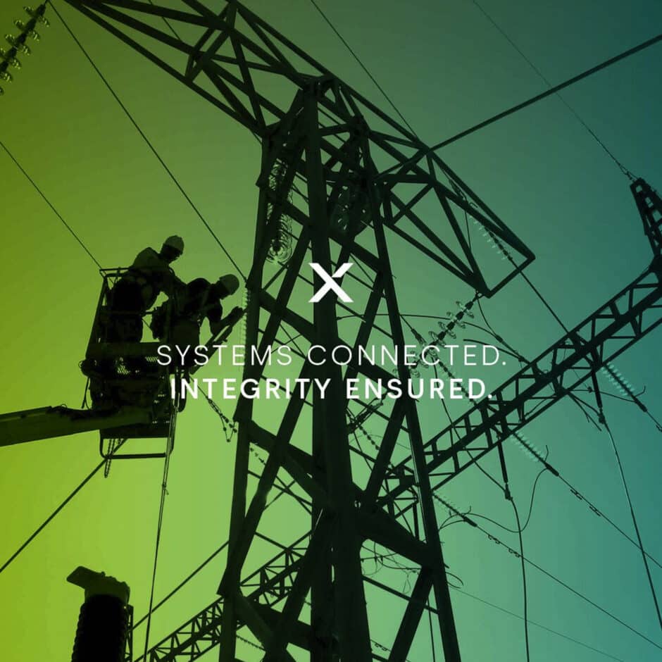 Silhouetted workers in a lift perform maintenance on a power line against a green and blue gradient. Text reads "Systems Connected. Integrity Ensured."