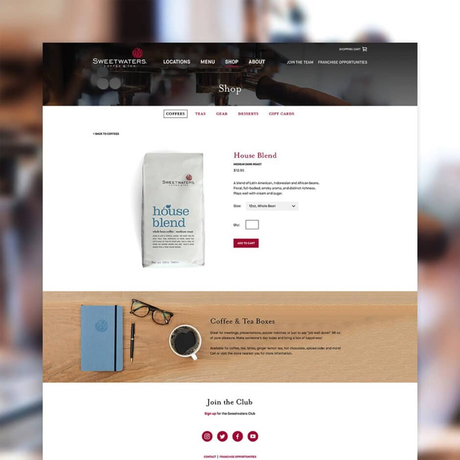 Website showcasing Sweetwaters Coffee & Tea's House Blend. Features a bag of coffee, product details, pricing, ordering options, and a section on coffee boxes.