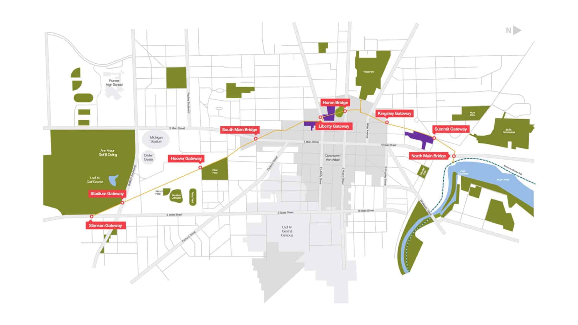 Map showing proposed biking routes in a city. Red pathways indicate routes connecting gateways and bridges, with park areas marked in green.