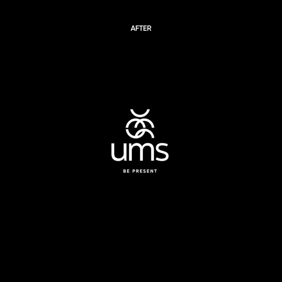 Black background featuring a modern white abstract logo resembling "ums" with a stylized design above. Text below reads "BE PRESENT," creating a minimalistic and thoughtful tone.