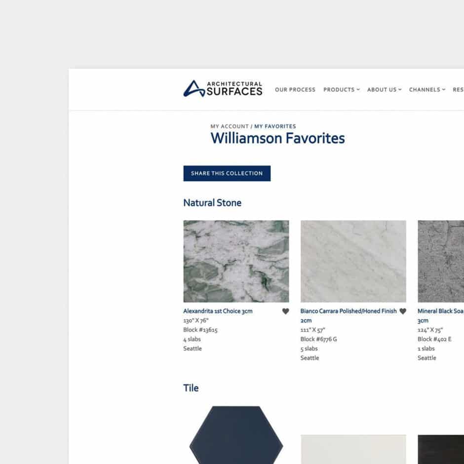 Website page displaying favorite natural stone slabs, including Alexandrita, Bianco Carrara, and Mineral Black Soapstone, with dimensions and locations.