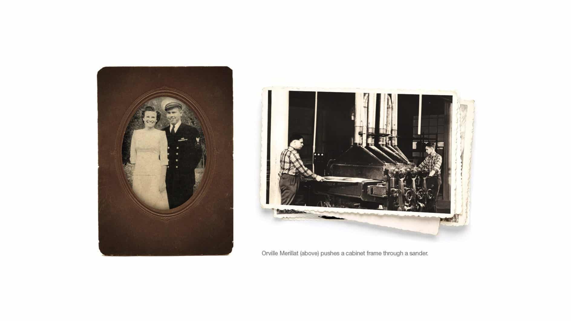 A sepia-toned portrait of a couple in formal attire beside a black-and-white photo of a man operating a machine in a factory. The tone is nostalgic.