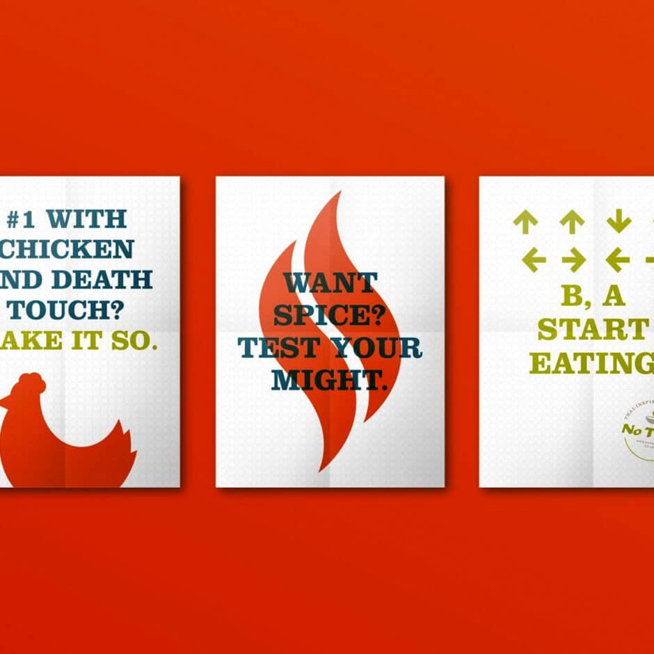 Three posters on an orange background. Left: Chicken silhouette with text about spice. Middle: Flame graphic with “Test Your Might” text. Right: Arrow sequence with “Start Eating.”