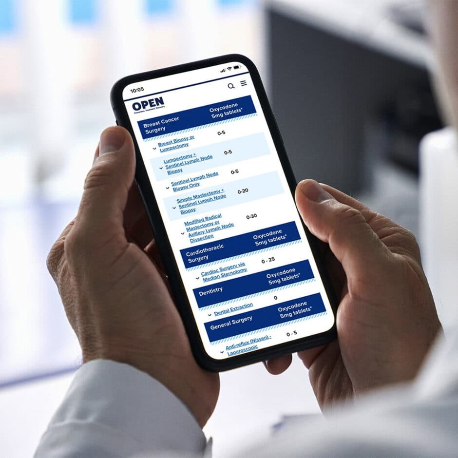 A person holds a smartphone displaying a medical app. The screen shows a list of surgeries with corresponding oxycodone tablet dosages. The background is blurred.