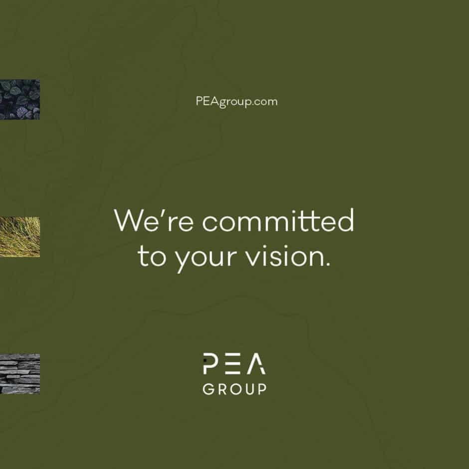 Olive green background with contour lines and small nature images on the left. Text reads "We’re committed to your vision." PEA Group logo below.