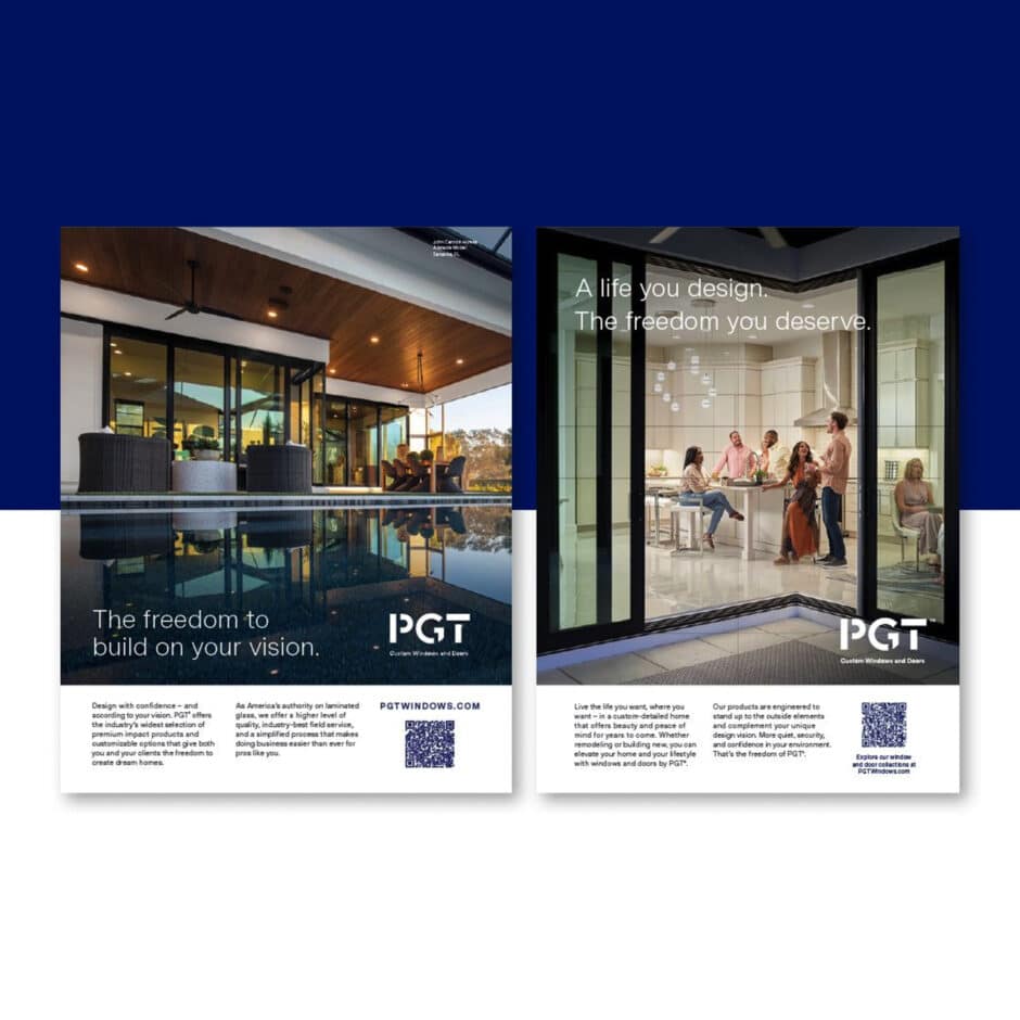 Elegant house with large glass windows overlooking a pool; people gather around a dining table in a bright, modern kitchen. Text: "The freedom to build on your vision."