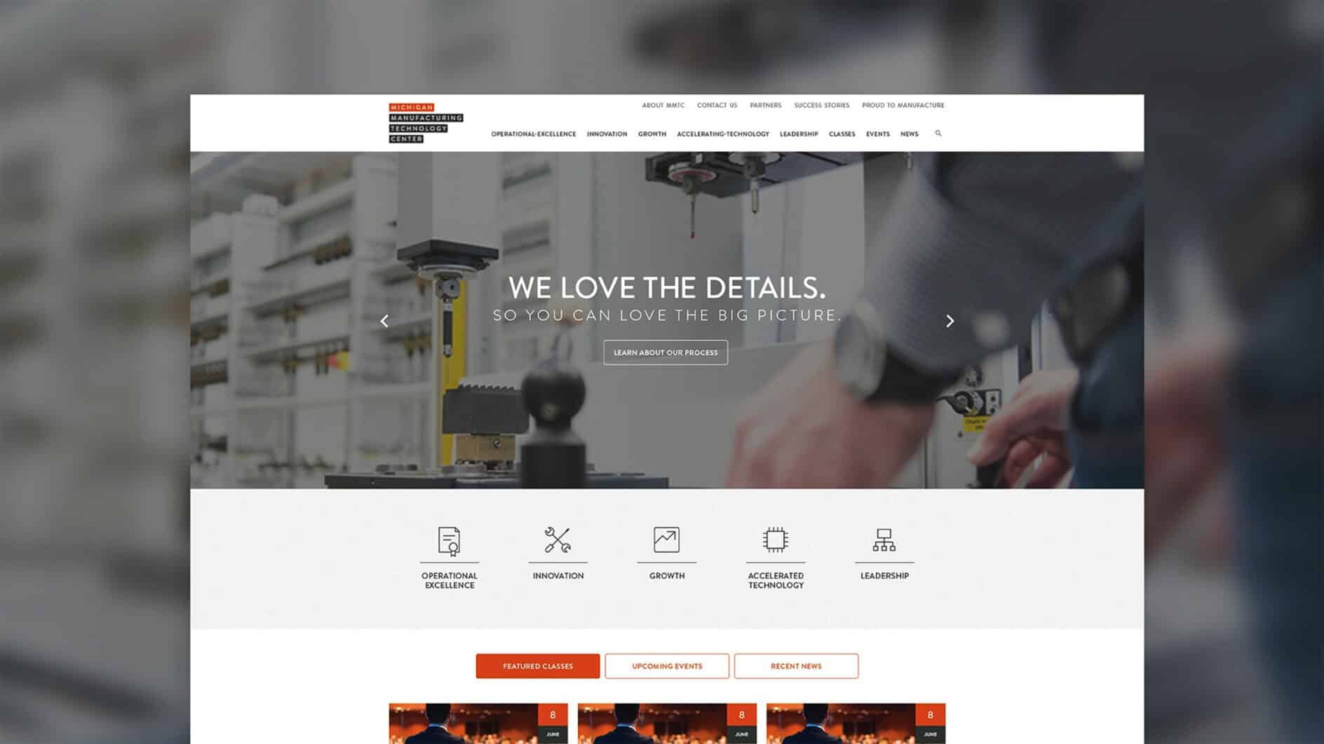 A website homepage with text "We love the details, so you can love the big picture" over a blurred industrial background. Navigation bar at the top.