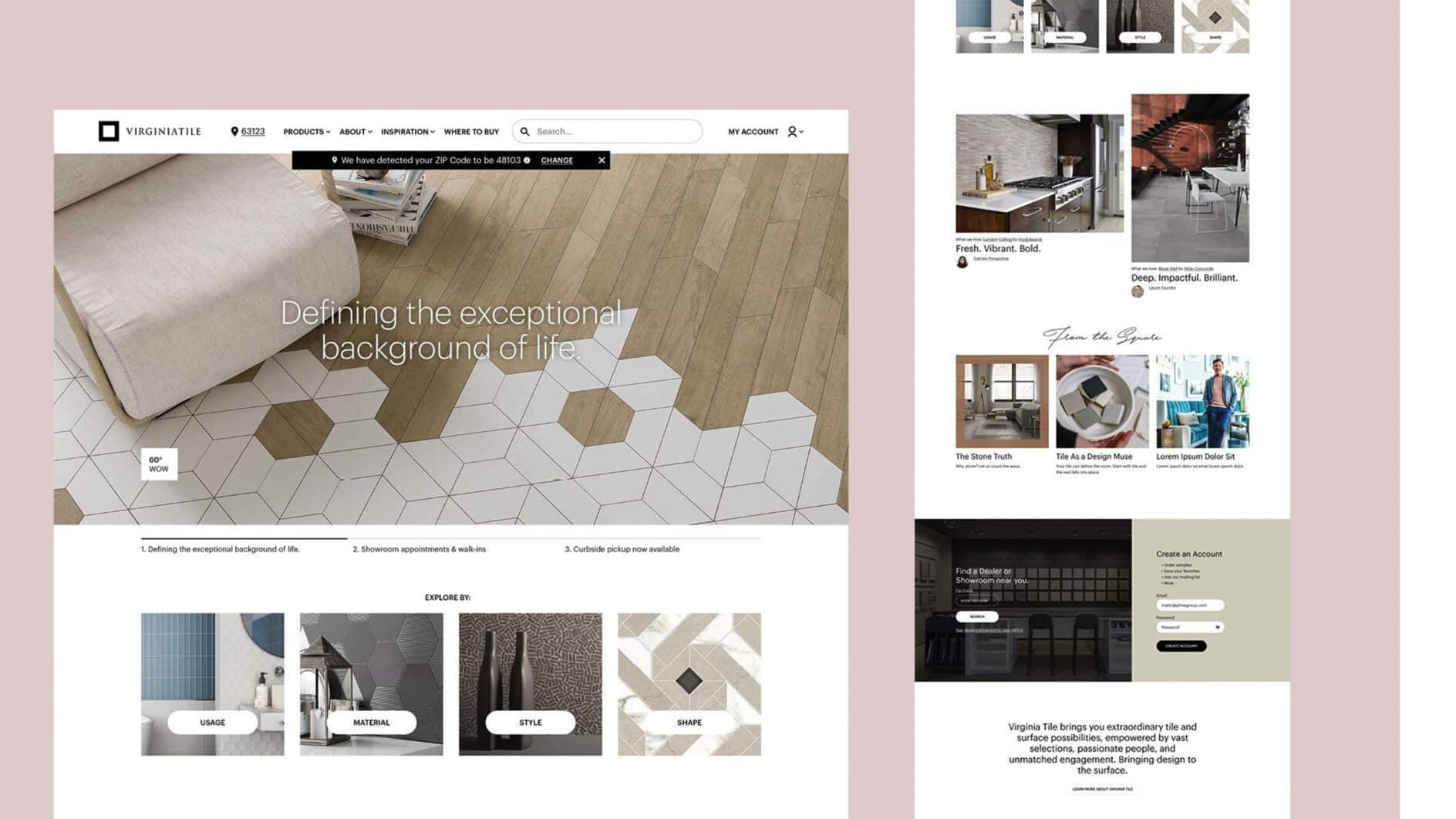 Website homepage featuring a tiled floor with hexagonal design blending wood and white tiles, emphasizing style. The right sidebar shows interior design images.