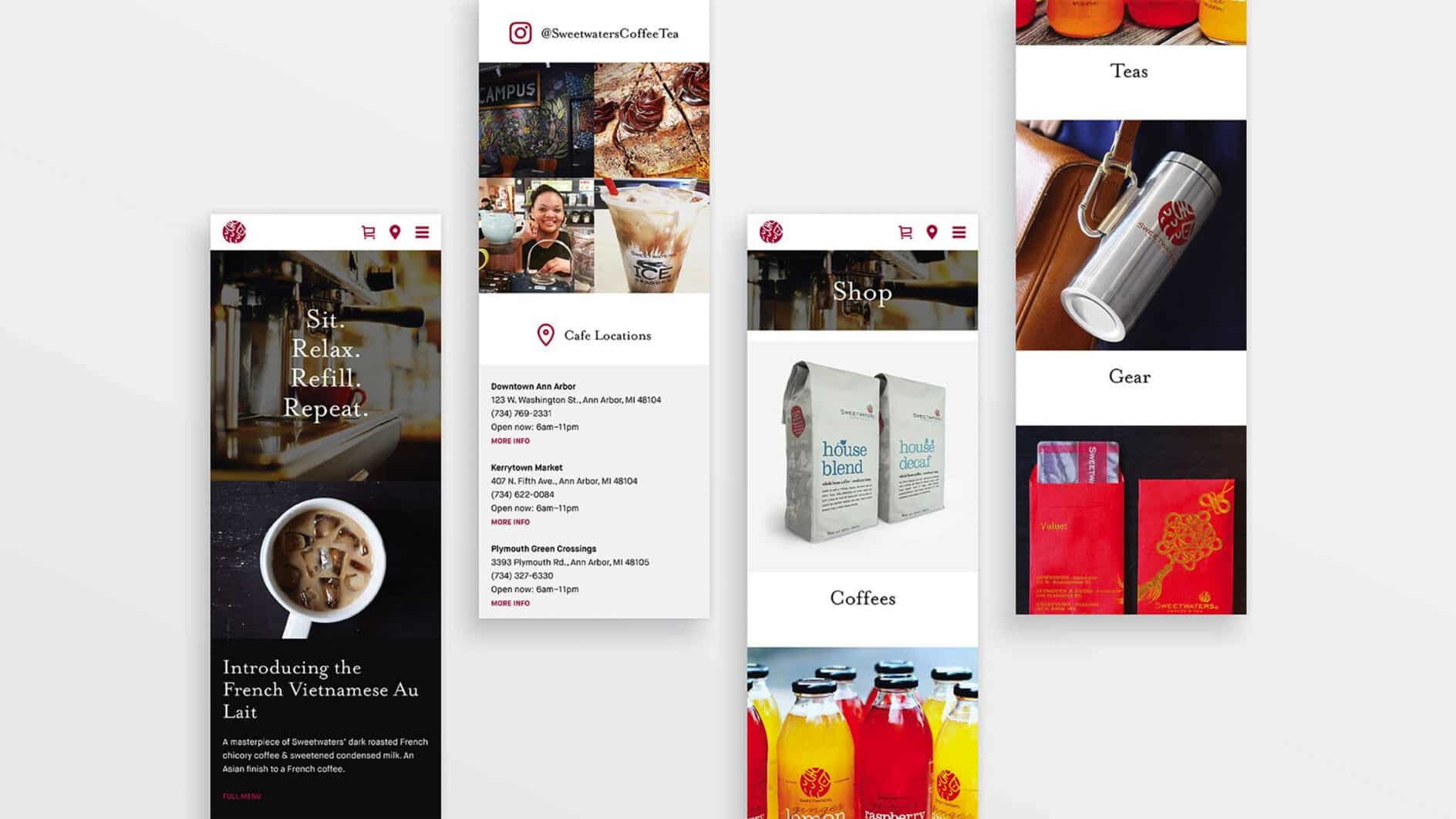 A series of mobile screens display a coffee shop's website. Images show coffee products, drink options, shop locations, and branded merchandise, with a relaxing and inviting tone.